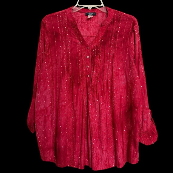 Cocomo Red Pintuck Sequin Popover Blouse Plus Size 2X Roll Tab Sleeves Boho - Picture 1 of 6